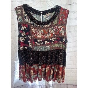 Entro Sleeveless Patchwork boho Top Floral Print Casual Blouse 2X